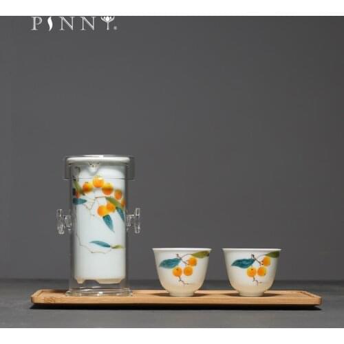 PINNY Hand Painted Lute ​Portable Tea Set Heat Resistant Double Ears Black Tea Teapot Ceramic Kung Fu Tea Set 1 Pot 2 Cups