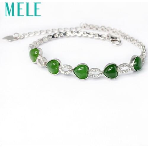 MELE Natural green hetian jade bracelet in 925 sterling silver for women and man,heart shape 6X5mm gemstone jasper jewelry