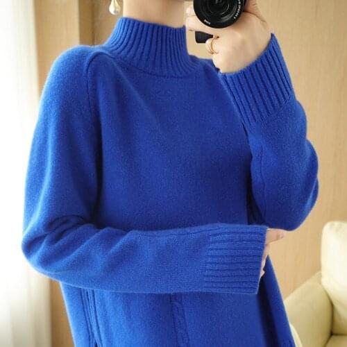 2021 new autumn and winter semi high neck cashmere sweater womens solid color twist split loose pure wool sweater bottomed