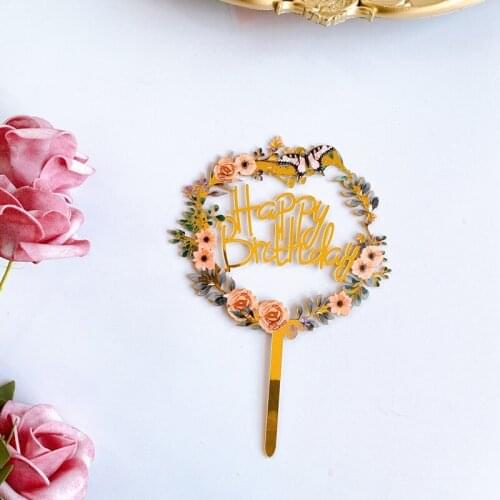 New Color Flowers Happy Birthday Cake Toppers Gold Acrylic Birthday Cupcake Topper Decor for Kids Birthday Party Cake Decoration