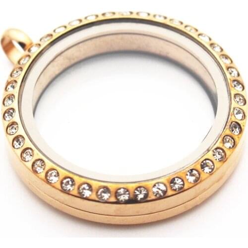 Wholesale 5pcs/lot 30mm Stainless Steel Rose Gold Rhinestone Floating Locket Screw Living Glass Memory Locket Pendant Jewelry