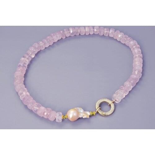20'' Rose Crystal Faceted Rondelle Pink Keshi 18K Gold Plated Clasp Pearl Necklace