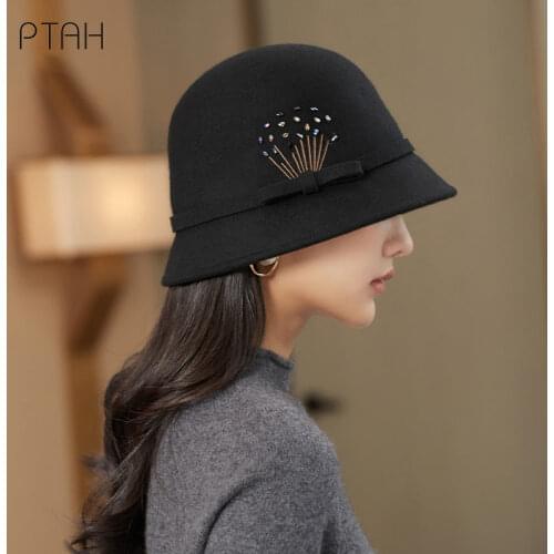 [PTAH] Autumn Winter Womens Felt Hat Fedoras New Brim Hats For Women Vintage Church Hats Lady Flat 100% Australian Wool Hat