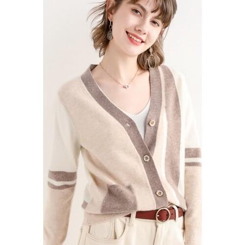 High-end brand ATTYYWS womens 100% wool sweater full sleeve knit cardigan color matching V-neck coat cashmere sweater Selling