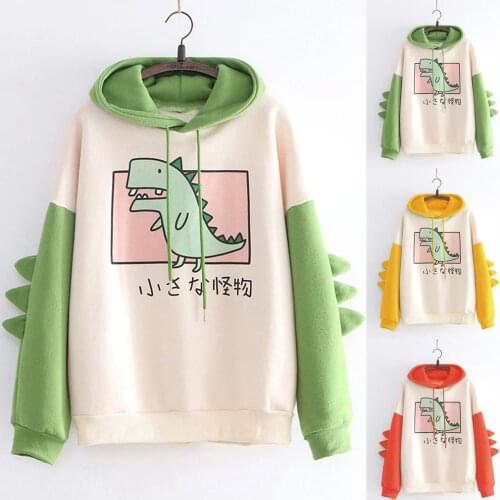 Lady Hoody Fashion Women Casual Print Long Sleeve Splice Female Dinosaur Sweatshirt Young Girls Tops Cloth New 2021