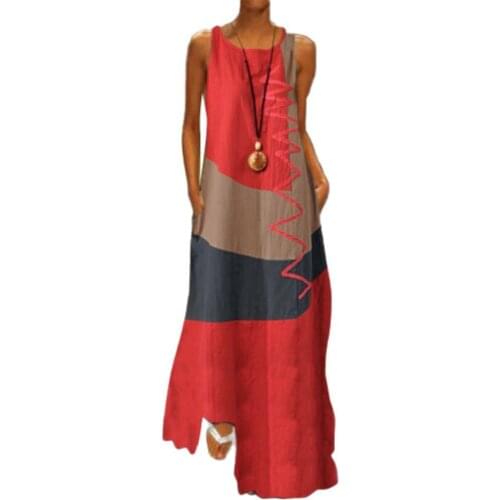 Women Dresses Vintage O Neck Sleeveless Color Block Wavy Line Pockets Long Loose Dress vestidos For Party womens Clothing 2021