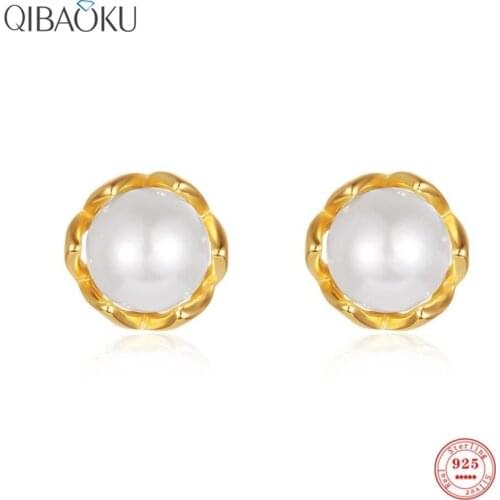 925 Sterling Silver Stud Earrings White Pearl Gold Earrings for Women Gift Simple Stylish Ear Jewelry for Party