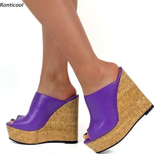 Ronticool Handwork Women Mules Sandals Cork Wedges Heel Open Toe Gorgeous Purple Party Shoes Women US Plus Size 5-20