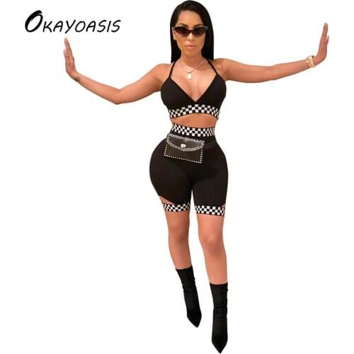 OKAYOASIS Free Shipping Summer Two Pieces Sets Women V neck Sexy Club Party Sets Short Tops And Short Pants