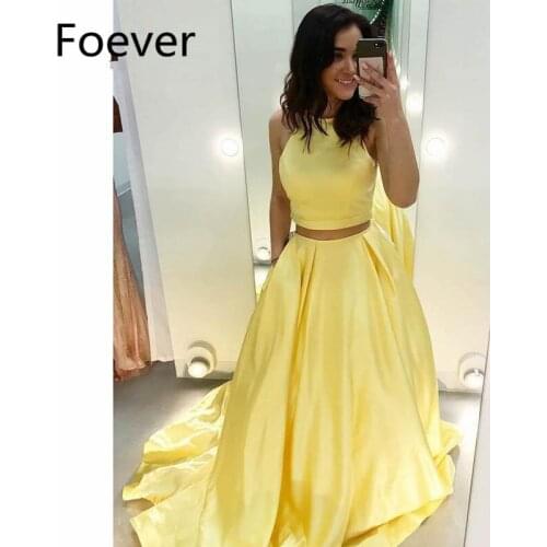 2019 Yellow Evening Dresses Long Halter Satin 2 Pieces Gown Sleeveless A-Line Formal Evening Party Dress for Women