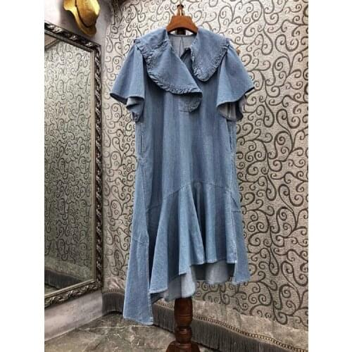 High Quality Denim Dress 2021 Autumn Casual Clothes Women Big Turn-down Collar Ruffle Deco Short Sleeve Asymmetrical Jean Dress