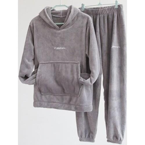 Winter Ladies Sleepwear Suit Soft Plush Hooded Pockets Long Sleeve O Neck Top Elastic Waist Pants Warm Two Piece Sets