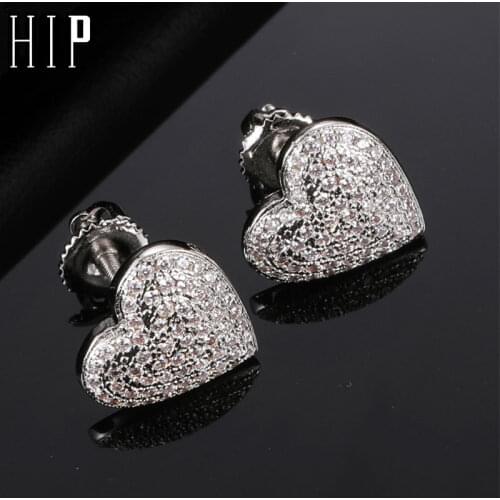 Hip Hip Micro 1Pair Heart Shape Pave Rhinestone CZ Stone Ice Out Stud Earring Bling Copper Earrings For Women Men Jewelry