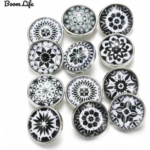 10pcs/lot Mixed Bohemia Black Pattern&Styles Charms 12mm 18mm Exotic Glass Snap Button For DIY Bracelet Snaps Jewelry 050705