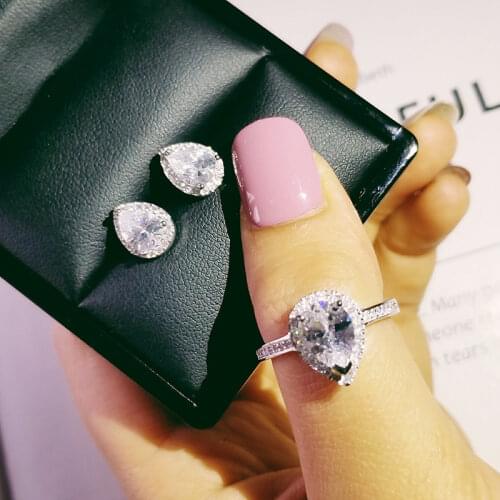 2pcs Pack Real 925 Sterling Silver pear zircon jewelry set Engagement ring stud earring for Wedding christmas gift J1473