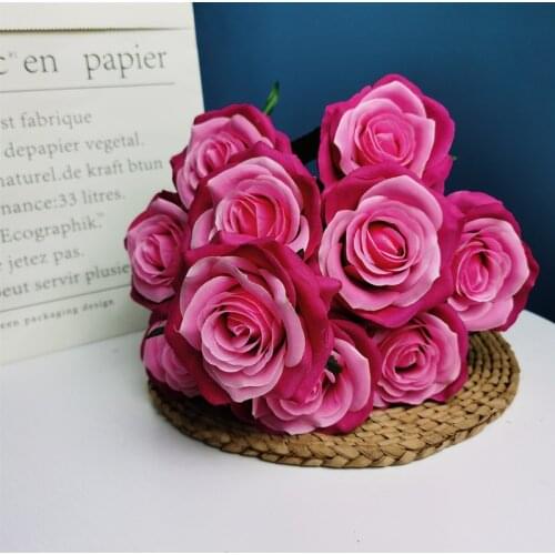24 Colors 10 Heads 9-10CM Artificial Rose Flowers Wedding Bride Bouquet Home Decor