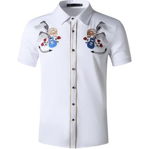 #4753 Black Blue White Khaki Man Shirts High Quality Fashion Embroidery Vintage Summer Shirt Men Short Sleeved Slim Lapel Collar