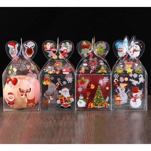 500pcs Christmas Even Clear Gift Box Xmas Printed Snowman Elk Santa Xmas Tree Treats Sweets Candy Apple Boxes Favors Wrap