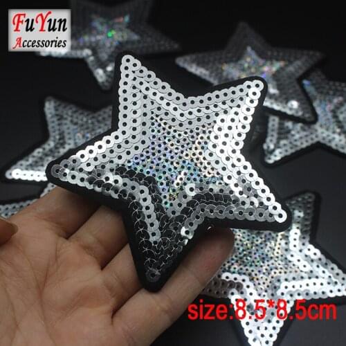 6pcs silver sequins Stars Pentagram diy patches for clothing embroider patch applique sew iron on accessories badge stickers 8cm