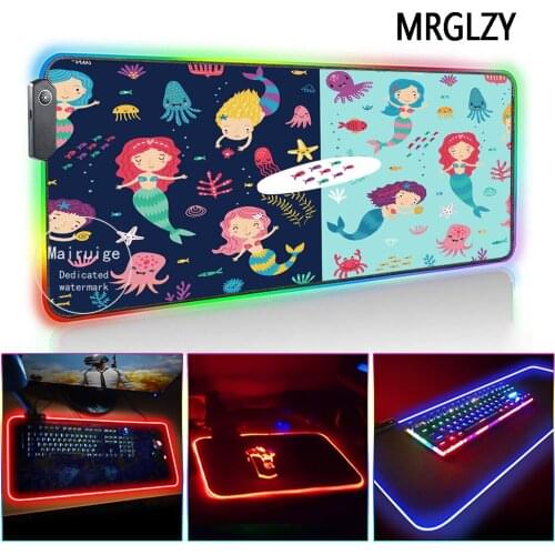 MRGLZY LED Light RGB Large Kawaii Mermaid Mouse Pad XL Cartoon pattern DeskMat Gaming Accessories for PC Laptop Keyboard MiceMat