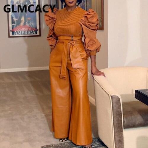 Women High Waist PU Leather Pants Classy Wide Leg Trousers Pants