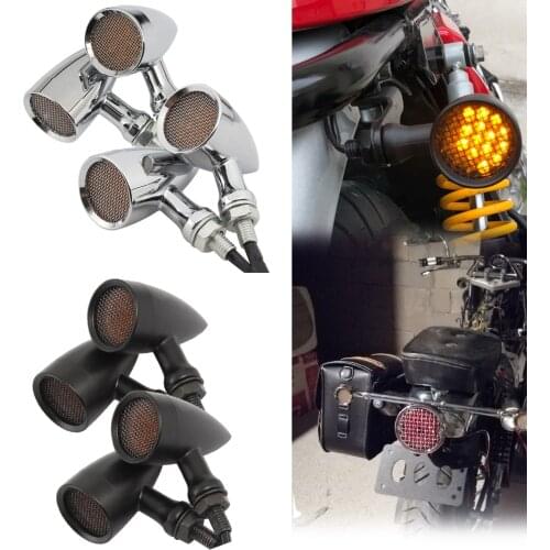 Black/Chrome Motorcycle 12V Amber Mesh Lens LED Turn Signal Brake Light 10mm Aluminum Housing Cover For Chopper Bobber Cafe Race
