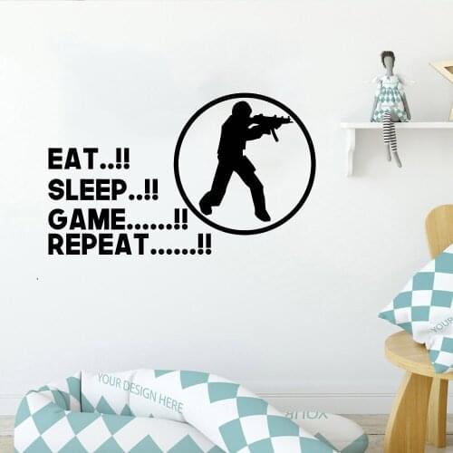 Eat Sleep Game Wall Sticker Gaming Joystick Playing Decals Wall Art Decor Kids Room Home Decoration Gamer Wallpaper PW896