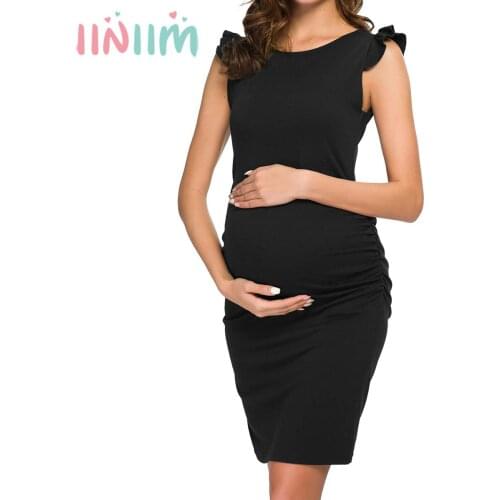 Women Pregnant Elegant Solid Ruffle Flying Sleeve Vestidos Parties Pregnancy Maternity Bodycon Dresses for Photo Shoot Dress