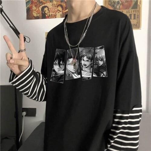 Hot Japan Anime Attack On Titan Manga Men Summer T Shirts Women Round Neck Short Sleeves Funny Striped Fake Two Oversized Tshirt