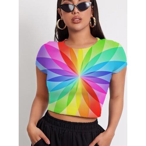 3d Tshirt Dizziness T shirt Women Colorful T-shirts 3d Rainbow Tshirts Casual Art Navel Bare Womens Clothing T shirts New Slim