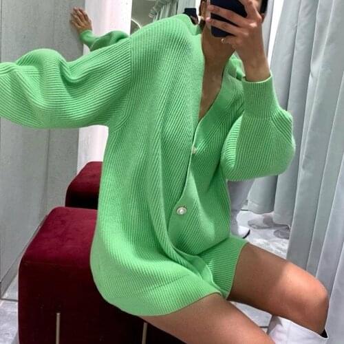MEIYANGYOUNG Green Long Knitted Cardigan Women Autumn Winter Cardigan Loose Basic Ladies Sweater Female Button Knitwear Sweaters
