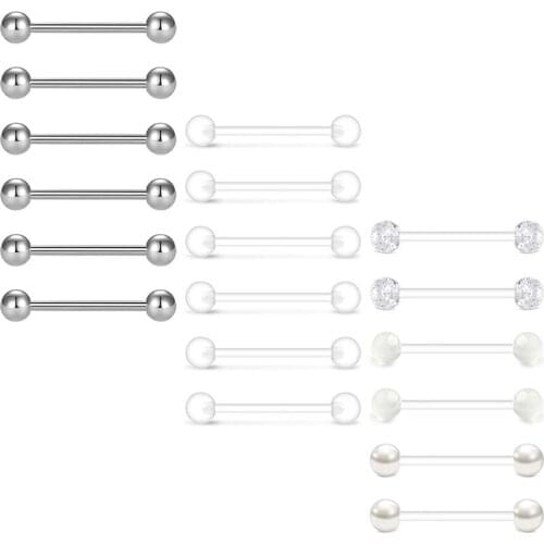 Nipple Rings Straight Tongue Barbell Flexible Acrylic Plastic Retainer Stainless Steel Tongue Rings Piercing for Women Men