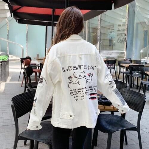 Autumn Denim Jacket Women White Loose Korean Cool Fashion Cartoon Cat Printing Harajuku Chaqueta Mujer Streetwear Veste Femme