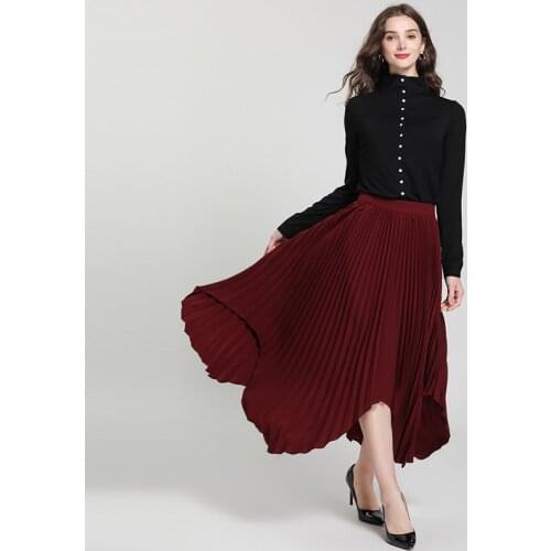 Summer Long Womens Skirt Elegant Pleated Skirt Wine Red Spring Skirts Womens Korean Faldas Mujer Moda 2020 KJ2102