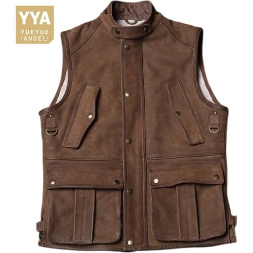 Outdoor Mens Cargo Vests Vintage Cowhide Genuine Leather Cowboy Sleeveless Jacket Vest Multi-Pocket Stand Collar Biker Waistcoat