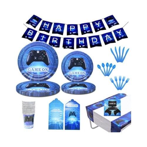 Game On Theme Cartoon Party Set Tableware Plate Napkins Banner Birthday Candy Box Number Balloons Black Gamepad Boy game on Gift