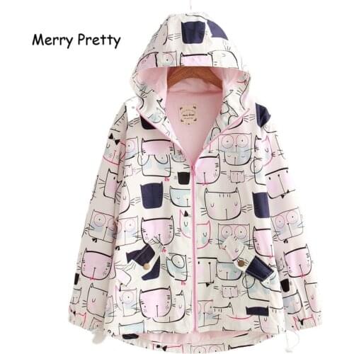 2020 New Women Jackets Preppy Style Cute Cat Printed Hooded Jacket Long Sleeve Harajuku Coat Mori Girls' Sweet Outwear S-L
