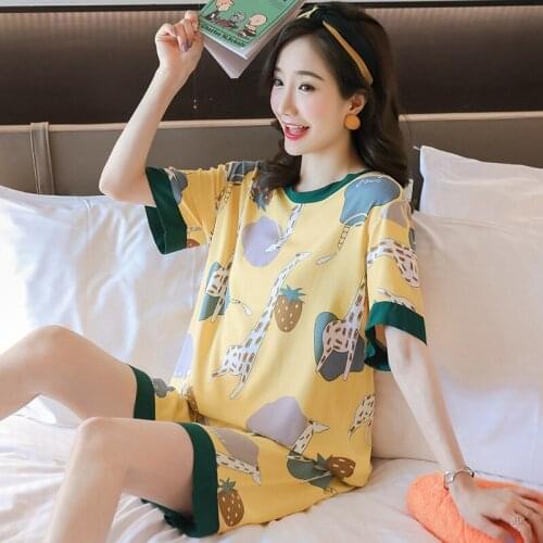 Summer Cotton Homewear 2 Piece Set Women Sleepwear O-Neck Cartoon Home Female Short Sleeve Thin Student Pajamas Ladies H1330