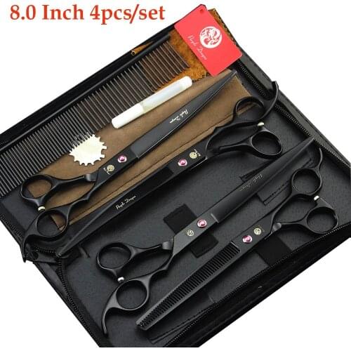 New 4pcs/set 8 inch Professional Pet Dog Grooming Scissors Sets 2 Curved Scissors + 1 Thinning Scissor + 1 Straight Shears Black