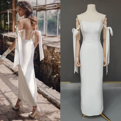 Simple Spaghetti Straps Wedding Dresses Satin Sheath Tight Slim 2021 Wedding Guest Bridal Gowns Ankle Length buttons Plus Size