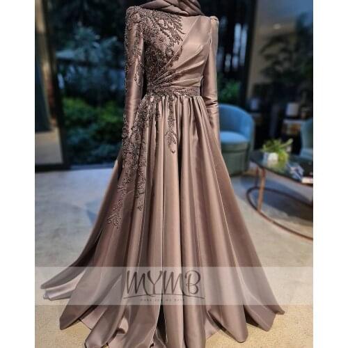 2021 Luxury Handmade Rhinestones Evening Wedding Gowns High Neck Quality Satin Aline Flowy Formal Muslim Evening Wear Plus Size