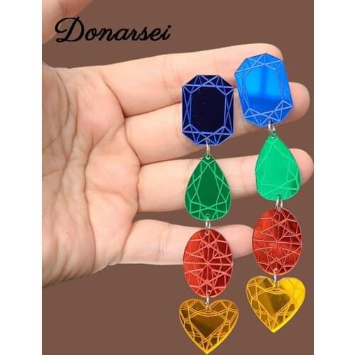 Donarsei Fashion Mirrored Hit Color Diamond Shape Drop Earrings For Women Cute Colorful Engraving Geometric Long Dangle Earrings