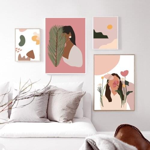 Modern Fashion Women Flower Leaf Poster Mountain Landscape Canvas Painting Nordic Wall Art Print Pictures for Living Room Decor