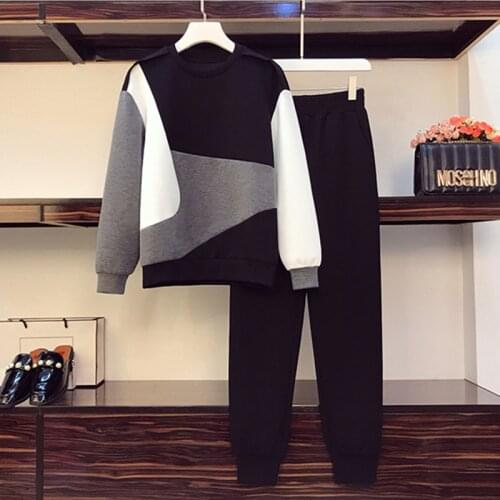 Fashion Tracksuit Women 2 Piece Set Contrast Color Patchwork O-neck Tops Loose Casual High Waist Sports Pants Autumn Winter New