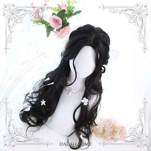 High Quality Long Curly Hair Lolita Natural Black Middle Parting Hair Style Masquerade Party Wig