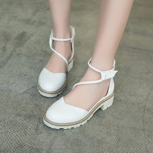 YMECHIC Summer 2019 Hook Mary Jane College Cute Ladies Shoes with Med Heels Pink Beige White Pumps Plus Size Woman Shoes 35-43