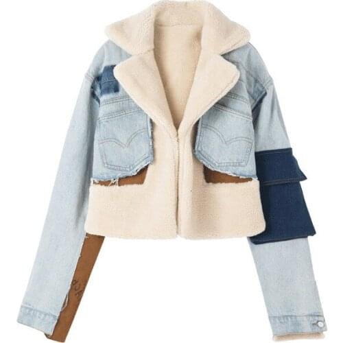 Denim Jacket Women Hit Color Long Sleeve Patchwork Pocket Irregular Coat Female Korean Style Vogue Fad Autumn Vogue Clothes