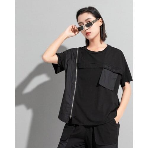 2021 summer new street personalized splicing zipper fashion brand short sleeve T-shirt dark loose top female
