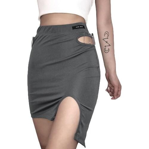 Women Close-fitting Skirt, Elastic High Waist Hollow Out Irregular Hem Dress, Black/ Dark Grey