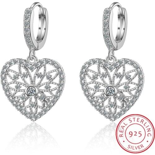 925 Sterling Silver Flower pattern Hollow Heart Drop Earrings For Women Boucle d'oreille oorbellen brincos
